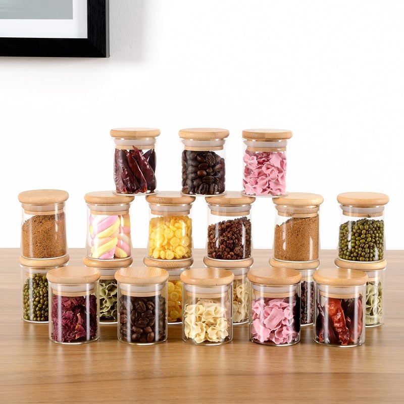 ZPGXLRZ 20 Pcs Glass Spice Jars with Airtight Bamboo Lids  Labels and Pen  2.5oz Mini Clear Food Storage Containers for the Pantry  Kitchen Canisters for Tea  Herbs  Sugar  Salt  Coffee and More - Image 2